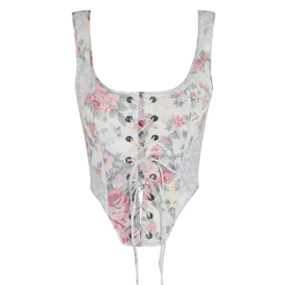 Selkie The Picnic Blanket Duchess Corset Small Lace Up Blue Pink Floral Top - Picture 4 of 9